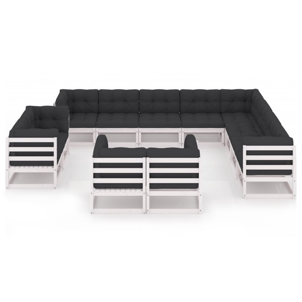 13-tlg. Garten-Lounge-Set mit Kissen Weiss Kiefer Massivholz